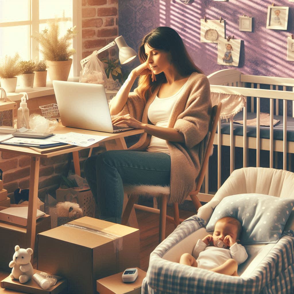 Built during naps, a determined mom working on her laptop surrounded by soft nursery items, symbolizing hustle, warmth, and creative entrepreneurship